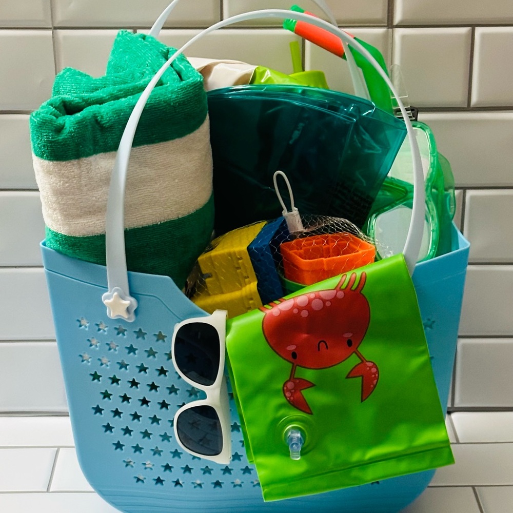 Blue Beach Tote with Green Towel and Accessories
